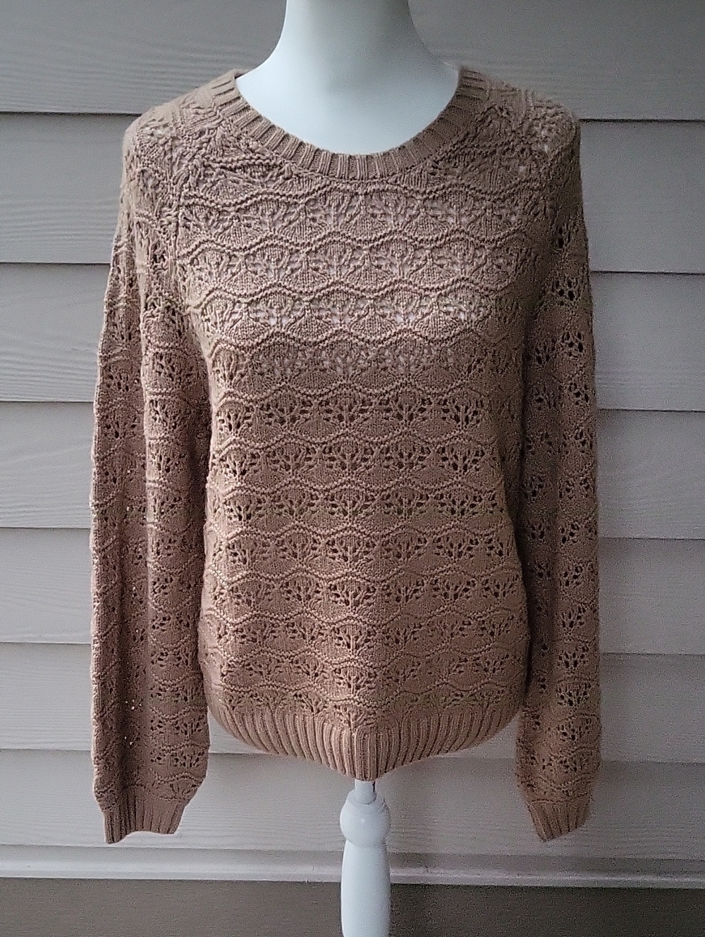 June & Ivy Taupe Open-Knit Crewneck Sweater Women’s Size M